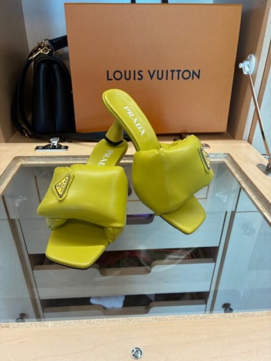 Prada Shoes - Prada Yellowish Enameled Metal Triangle Leather Size 37 Slides